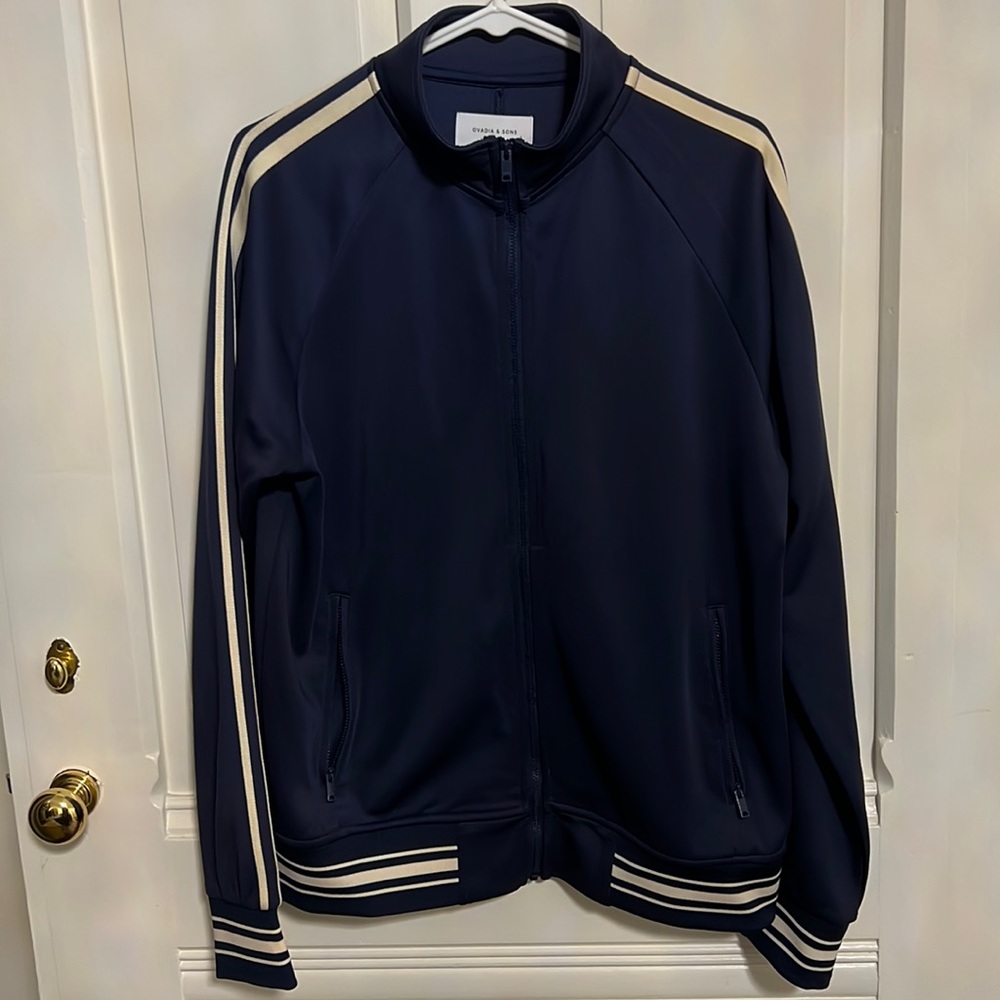 Ovadia and Sons men’s jacket, navy blue with stripe, size M